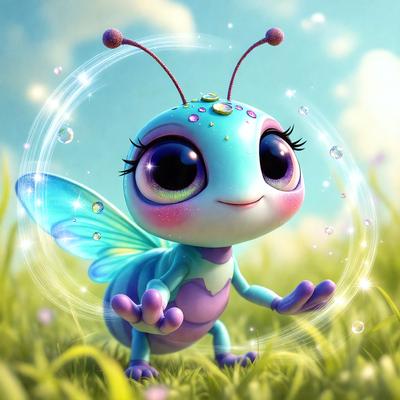 The primary subject of the image is a small, colorful, and cute blue butterfly. The butterfly is standing in a grassy field, surrounded by a lush green environment. The visual style of the image is a digital art or illustration, with the butterfly being the main focus of the scene. The colors and mood of the image are vibrant and cheerful, with the blue butterfly being the central point of interest.